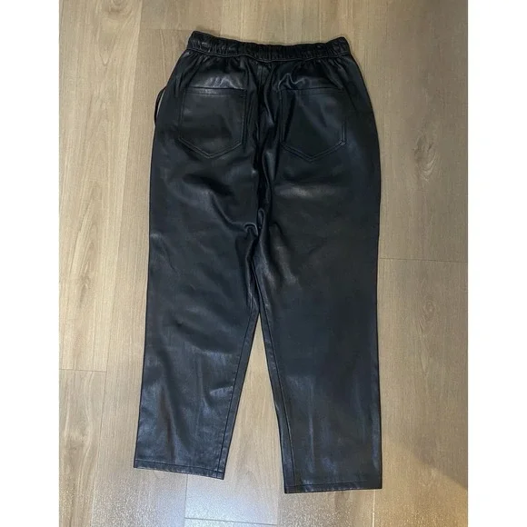 Zara Black Drawstring‎ Elastic Waist Black Faux Leather Pants Women's Size M - Picture 3 of 9